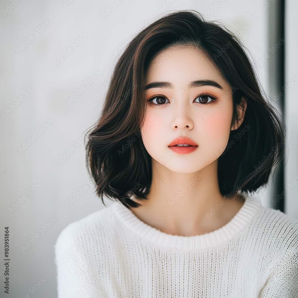 A charming portrait of an Asian woman exuding elegance in a cozy white sweater, perfect for a winter day. A charming portrait of an Asian woman exuding elegance in a cozy white sweater, perfect for a winter day.