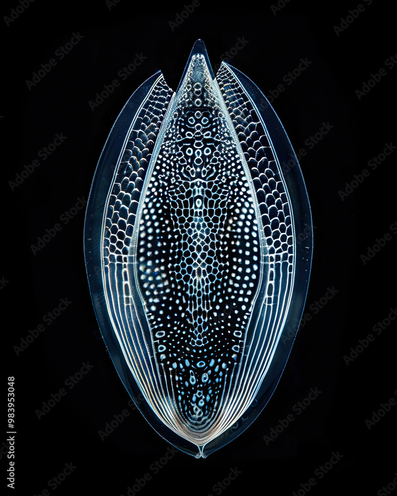 Minimalist Diatom with Intricate Patterns, Softly Lit on Black Background