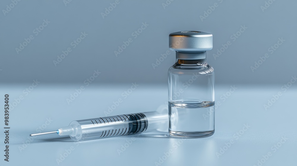 A syringe next to a small glass vial (ampoule). The ampoule holds medicine, cosmetics, or a vaccine. This image represents healthcare, medical testing, and the business of healthcare. A syringe next to a small glass vial (ampoule). The ampoule holds medicine, cosmetics, or a vaccine. This image represents healthcare, medical testing, and the business of healthcare.