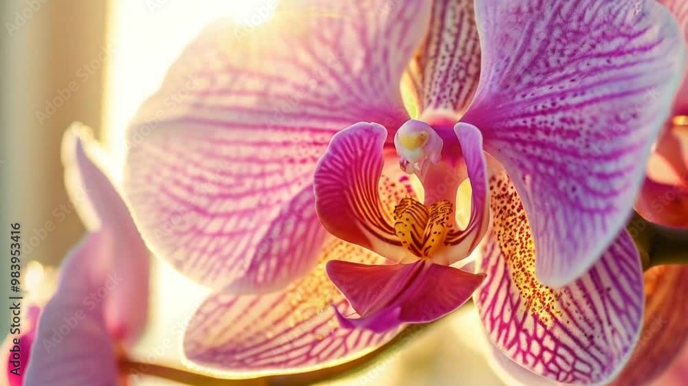 A close-up of a vibrant pink orchid with intricate patterns and textures. A close-up of a vibrant pink orchid with intricate patterns and textures.