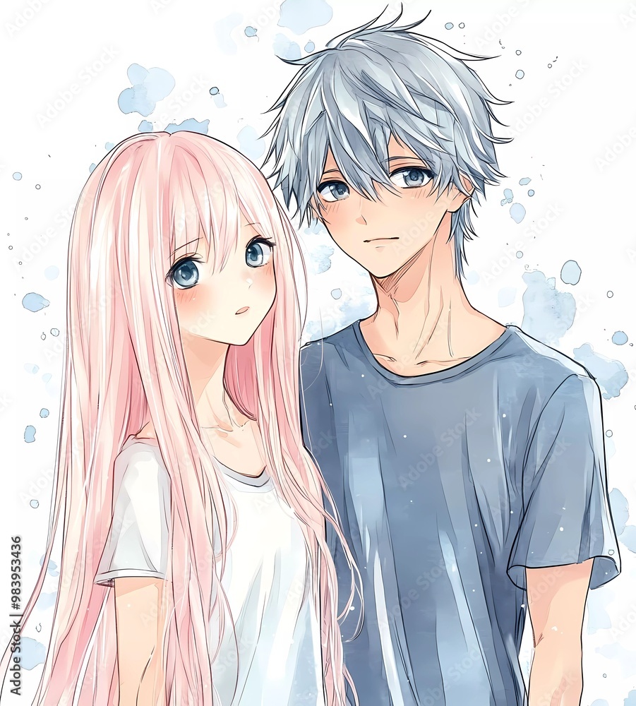 A cute anime-style illustration depicting a couple: a boy with gray hair and a girl with long, straight pinkish-brown hair, both wearing casual and smiling at the camera. A cute anime-style illustration depicting a couple: a boy with gray hair and a girl with long, straight pinkish-brown hair, both wearing casual and smiling at the camera.