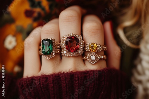 hand with maximalist rings with large gemstones and intricate designs, worn on multiple fingers, capturing the vibrant fall palette of oranges, yellows, and earthy browns photo