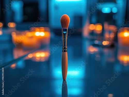 Stylish makeup brush standing on a reflective surface with soft candlelight glow, creating a serene and elegant ambiance. photo