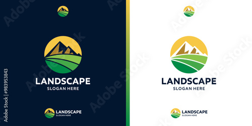 Farmland landscape logo. Farm food badge logo design with sun and mountain design graphic symbol vector icon.