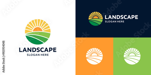 Farmland landscape logo. Farm food badge logo design with sun design graphic symbol vector icon.