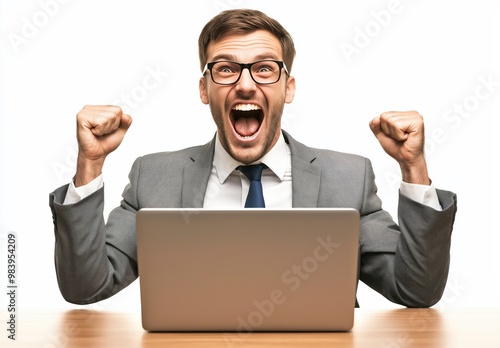 A man in a suit is sitting at a desk with a laptop open, looking happy and excited