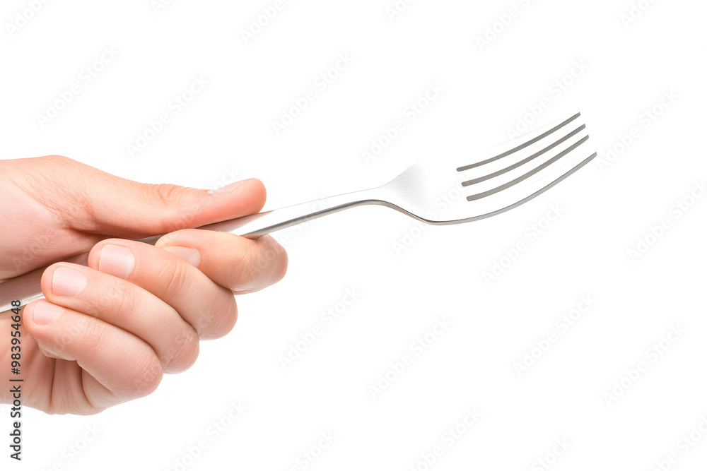 A close-up of a hand holding a fork, ready to eat, symbolizing dining or food A close-up of a hand holding a fork, ready to eat, symbolizing dining or food