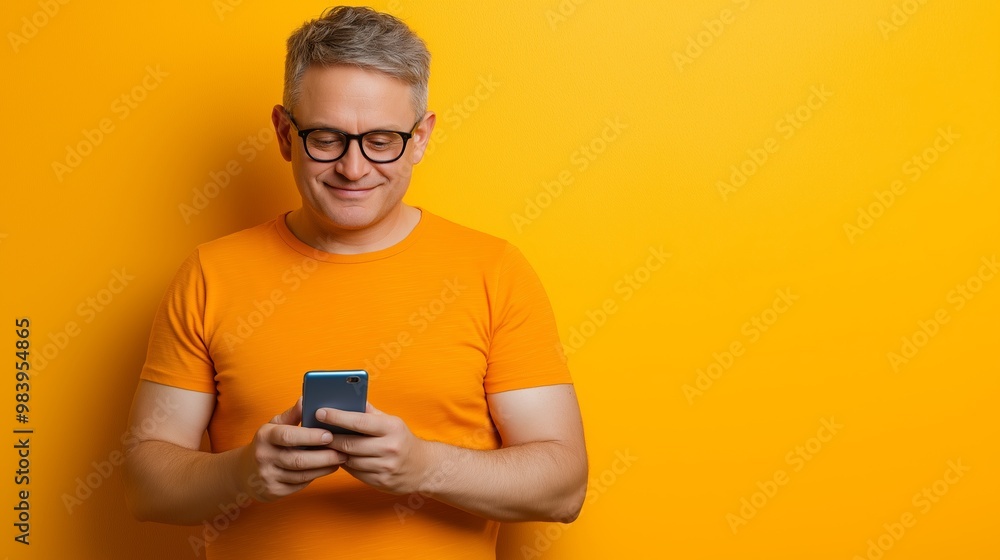 A man in an orange shirt is looking at his cell phone. He is smiling and he is enjoying himself A man in an orange shirt is looking at his cell phone. He is smiling and he is enjoying himself