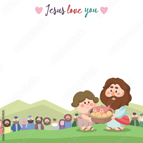 Cartoon Jesus illustration, Jesus and the miracle of five loaves and two fishes, cute children's Bible story, blank card frame background Intergram