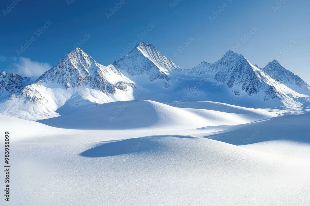 Snowy mountain peaks and valley. This image is ideal for projects needing a winter, snowy or mountainous aesthetic. Snowy mountain peaks and valley. This image is ideal for projects needing a winter, snowy or mountainous aesthetic.