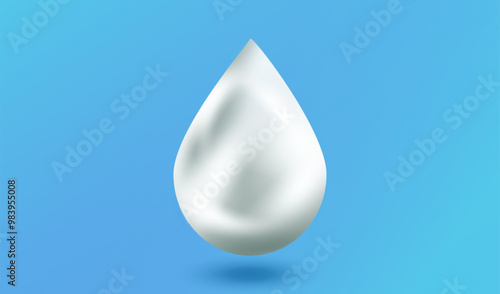 Milk drop isolated on a blue background. Realistic 3d lotion drop vector. Design logo of product for child or cosmetic balm care. Falling fluid white cream droplet illustration.