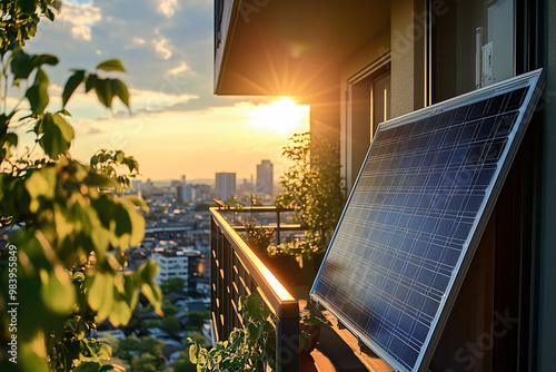 Solar Balkonkraftwerk auf dem Balkon einer Wohnung oder Büro in der Stadt, kleine Solaranlage für Wohnungseigentümer und Mieter