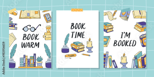 Books cards, banners, prints collection decorated with lettering quotes, books doodles. Back to school, education, book store, library theme. EPS 10