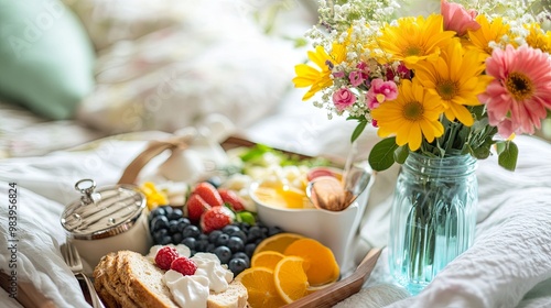 Mother's Day breakfast in bed featuring a beautifully arranged tray of food with a vase of fresh flowers. The scene captures the warmth, love, and appreciation of a special family celebration