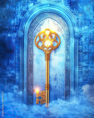 Golden Key in the Door of Heaven Christian Theme, Symbolizing Life's Key Principles and Serenity
