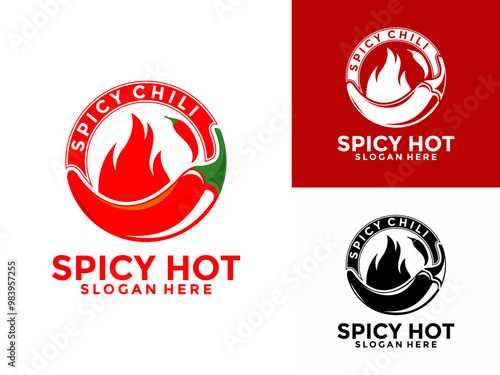 Chili Hot logo design vector, Red hot spicy pepper with Flame or Fire logo concept