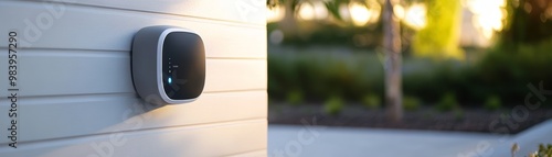 Modern smart home device mounted on a wall, capturing technology and innovation in a serene outdoor setting.