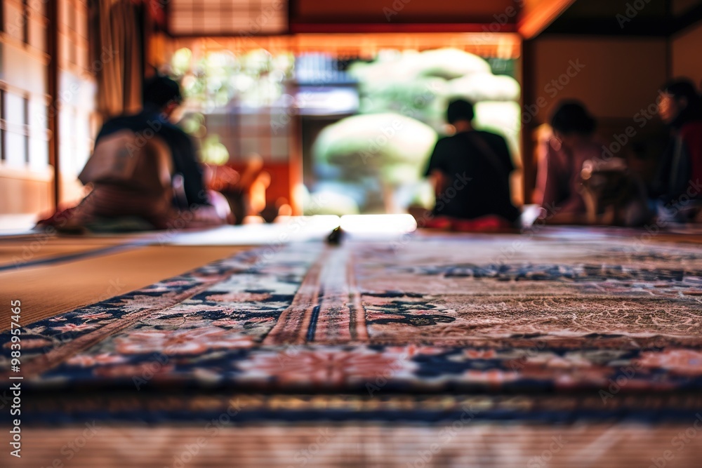 Traditional carpet in focus with blurred people in background Traditional carpet in focus with blurred people in background