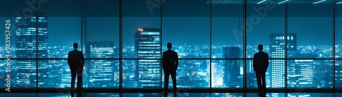 Silhouettes of three business professionals gazing out at a stunning city skyline at night, showcasing corporate ambition and teamwork.