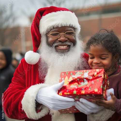 Black Santa joyfully gifts children at Christmas