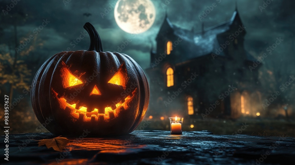 Halloween pumpkin with candlelight in front of a haunted house background, Halloween pumpkin with candlelight in front of a haunted house background,