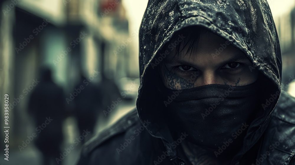 An image of a gangster tough, street-smart individual involved in criminal activities with a hood on his head and a balaclava An image of a gangster tough, street-smart individual involved in criminal activities with a hood on his head and a balaclava