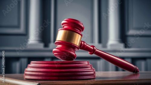 Cherry red wooden gavel placed on a wooden base inside a traditional courtroom setting, with blurred columns in the background, symbolizing justice, law, and legal authority photo