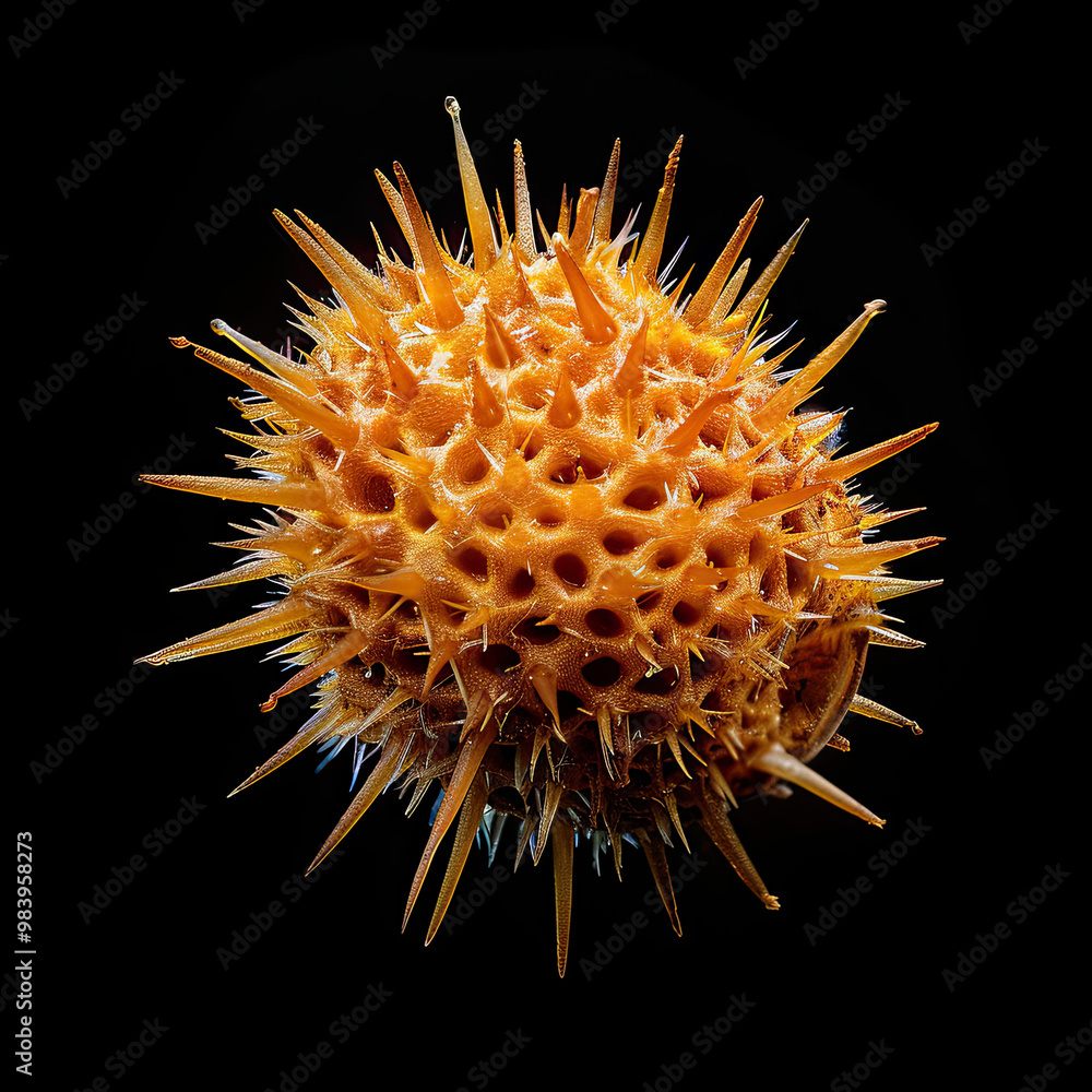 Spiky Pollen Grain on Black, Highlighting Fine Points and Surface Texture