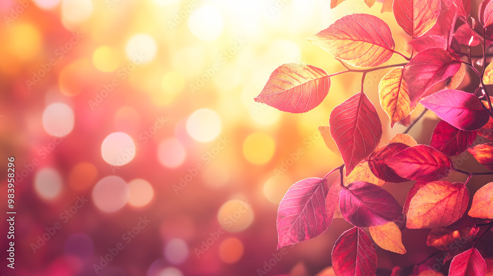 Beautiful yellow red and orange leaves on a tree branch with sunshine and blurry background. Golden autumn foliage leaves background with copy space. Fall seasonal sale, special offer poster Beautiful yellow red and orange leaves on a tree branch with sunshine and blurry background. Golden autumn foliage leaves background with copy space. Fall seasonal sale, special offer poster