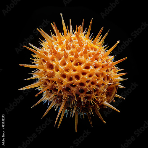 Obraz na płótnie Spiky Pollen Grain on Black, Highlighting Fine Points and Surface Texture w salonie