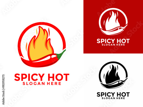 Chili Hot logo design vector, Red hot spicy pepper with Flame or Fire logo concept photo