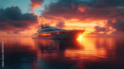 A white yacht sails through the ocean at sunset with a bright, orange sky.