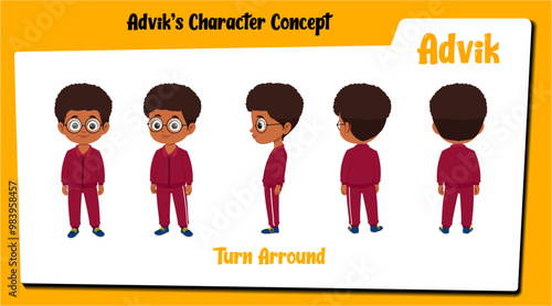 An african boy cartoon character turn around AKA Advik, Black boy cartoon in track suit