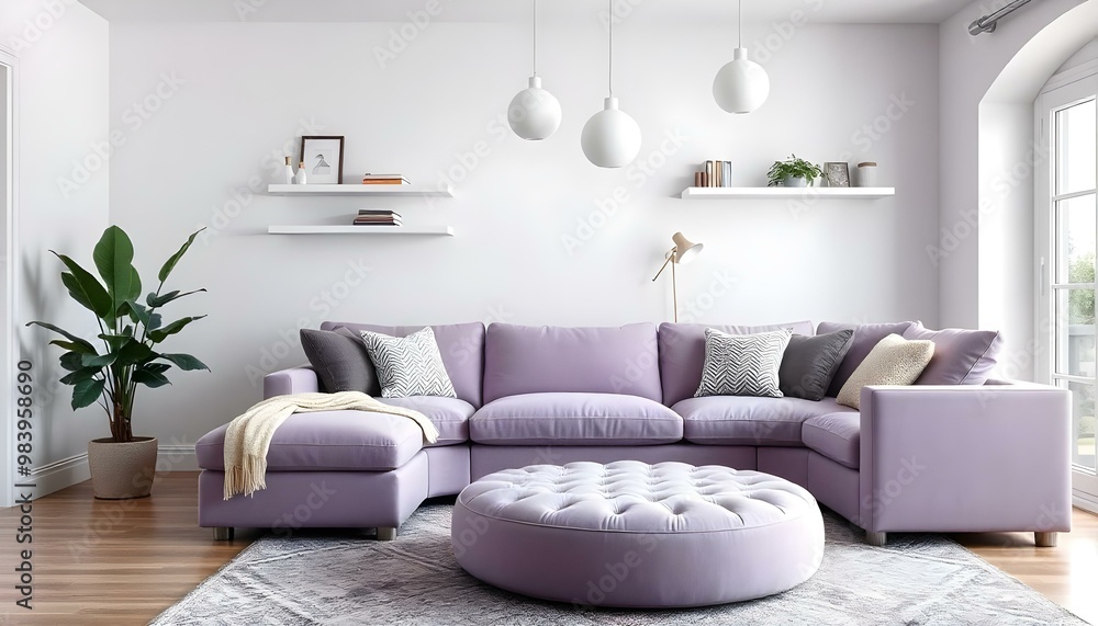A modern and cozy living room with a large plush lavender sofa, a round lavender ottoman, and hanging white pendant lights. The room has white shelves on the wall displaying decorative items. A potted A modern and cozy living room with a large plush lavender sofa, a round lavender ottoman, and hanging white pendant lights. The room has white shelves on the wall displaying decorative items. A potted