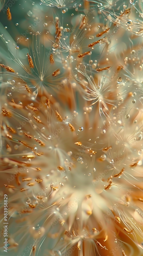 Fototapeta premium Dandelions glisten with droplets, showcasing mesmerizing macro view of natures beauty. intricate details and sparkling elements create captivating scene