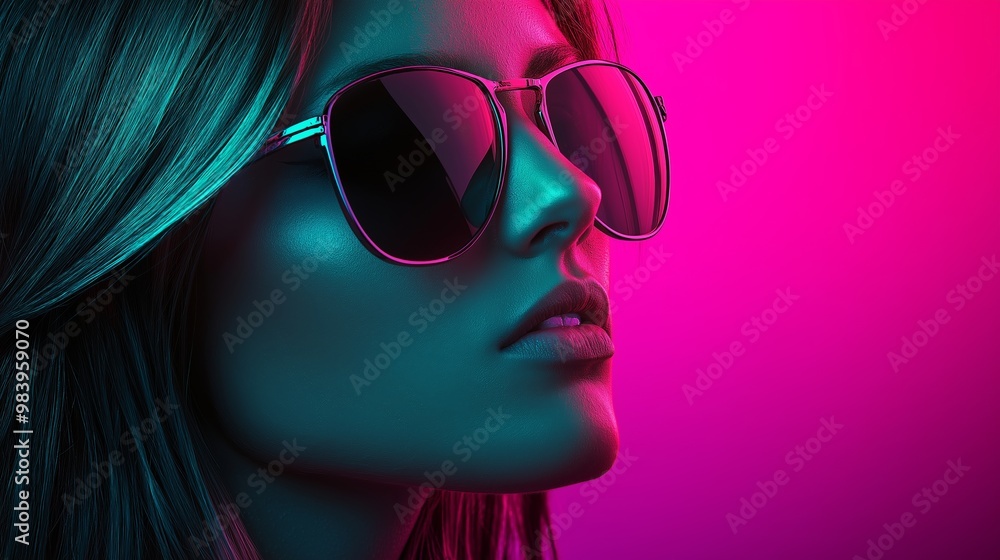 A woman with sunglasses on her face is looking at the camera. The image has a vibrant and colorful feel to it, with the woman's hair and the background being in shades of pink A woman with sunglasses on her face is looking at the camera. The image has a vibrant and colorful feel to it, with the woman's hair and the background being in shades of pink