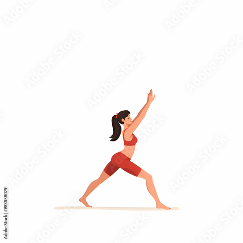 A woman with long dark hair tied back in a ponytail is wearing a red sports bra and shorts. She is performing the Warrior I yoga pose with her arms raised above her head and her right leg forward.