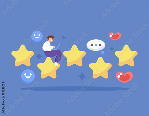 Review and rating concept. customer satisfaction, buyer, client. Illustration of a male user giving five stars because he is satisfied and happy. reaction and assessment. Flat style design. elements