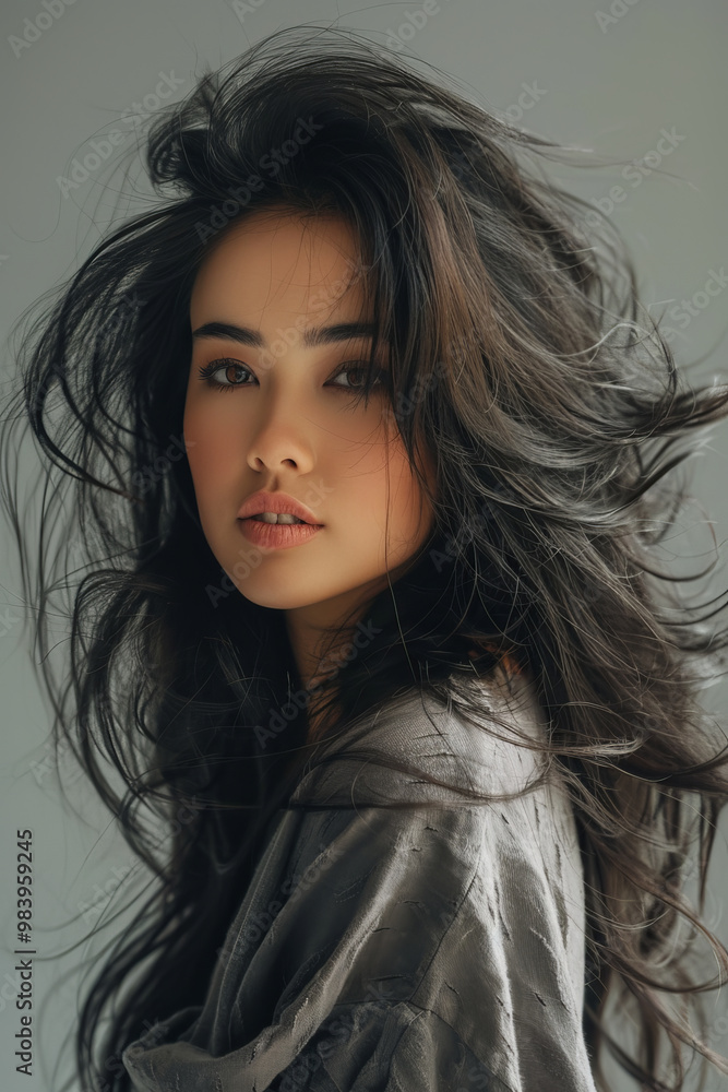 Naklejka premium A captivating portrait of woman with straight, fluffy hair that has lots of volume, exuding confidence and beauty. Her expressive gaze draws you in, showcasing blend of elegance and charm