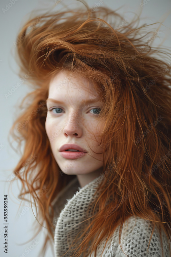A striking portrait of woman with straight and fluffy hair, showcasing lots of volume and vibrant red tones. Her expression is captivating, drawing attention to her natural beauty A striking portrait of woman with straight and fluffy hair, showcasing lots of volume and vibrant red tones. Her expression is captivating, drawing attention to her natural beauty