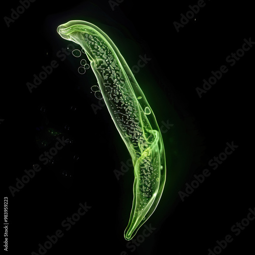 Microscopic View of Euglena Cell in Motion, Glowing Green Against Black photo