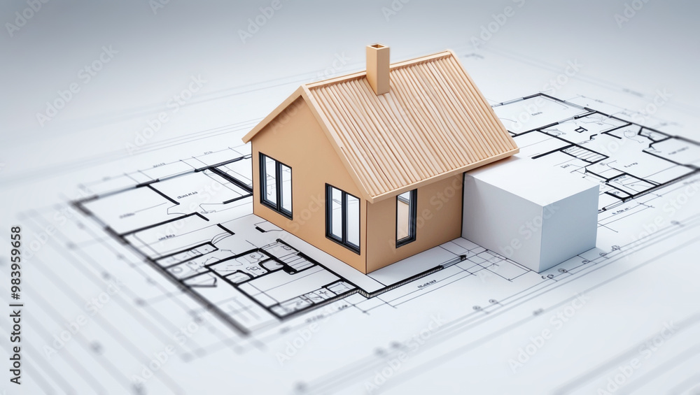 2D Blueprint with 3D Building: A construction blueprint showing a house in flat, technical 2D drawing lines, but part of the house rises from the blueprint in full 3D. 2D Blueprint with 3D Building: A construction blueprint showing a house in flat, technical 2D drawing lines, but part of the house rises from the blueprint in full 3D.