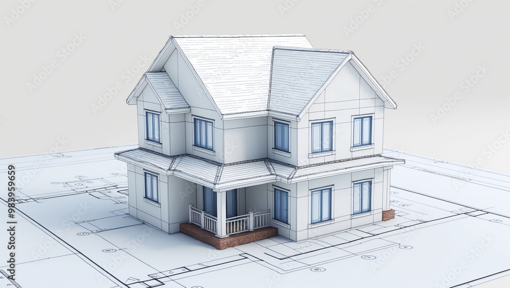 2D Blueprint with 3D Building: A construction blueprint showing a house in flat, technical 2D drawing lines, but part of the house rises from the blueprint in full 3D. 2D Blueprint with 3D Building: A construction blueprint showing a house in flat, technical 2D drawing lines, but part of the house rises from the blueprint in full 3D.