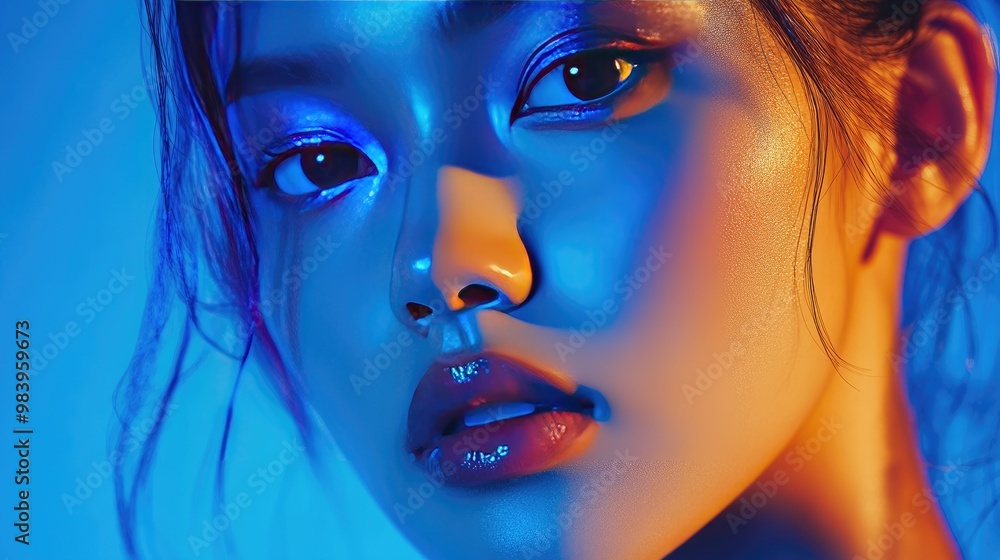 Close-up Portrait of a Woman with Blue and Orange Lighting Close-up Portrait of a Woman with Blue and Orange Lighting