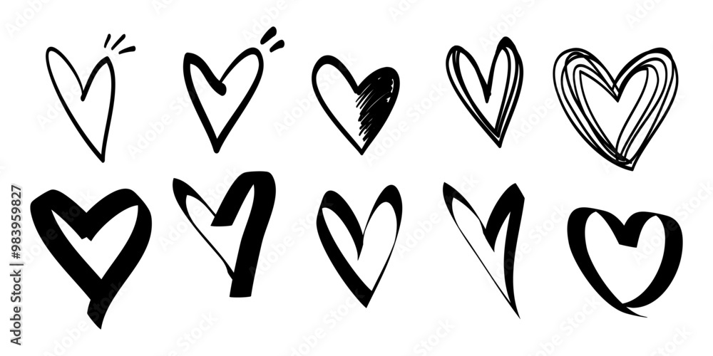 Doodle hearts on set. hand drawn style. love symbol. vector illustration Doodle hearts on set. hand drawn style. love symbol. vector illustration
