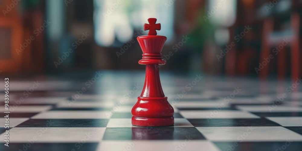 Red Chess Piece on Checkered Floor Red Chess Piece on Checkered Floor