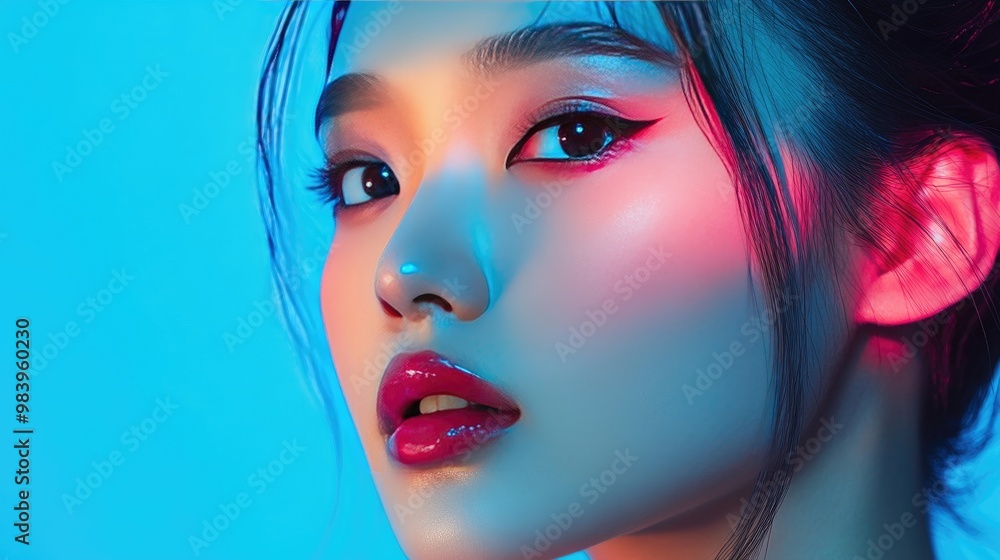 Close-up portrait of a woman with vibrant blue and pink lighting on her face. Close-up portrait of a woman with vibrant blue and pink lighting on her face.