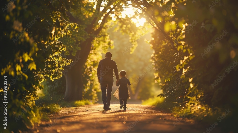 A father and child walk hand in hand down a sunny path surrounded by trees, creating a warm, loving moment in nature. A father and child walk hand in hand down a sunny path surrounded by trees, creating a warm, loving moment in nature.