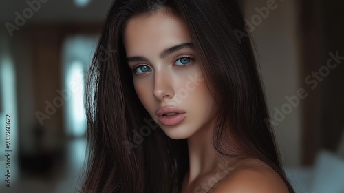 A woman with long brown hair and blue eyes is standing in front of a white wall. She has a natural beauty and a confident expression on her face