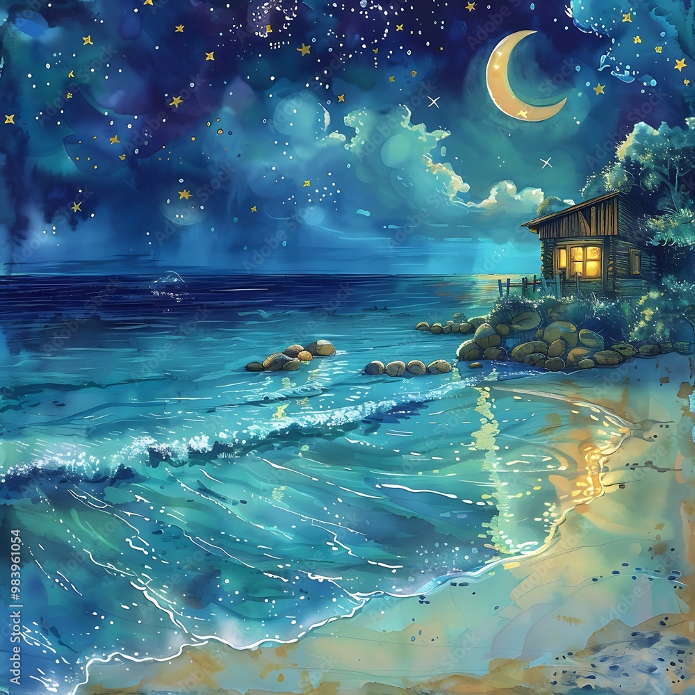 Obraz premium Beautiful Blue Skies with Nature, Moon ,Cloud ,Beach scenery, Tree, night -Anime concept Background